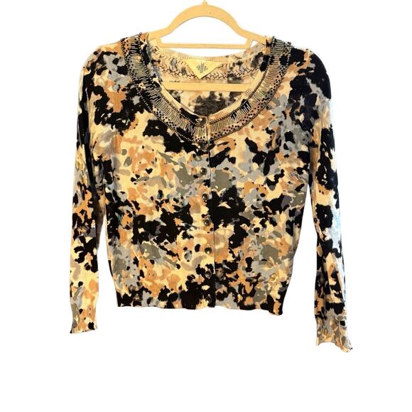 Anthropologie HWR Monogram Beaded Collar Crop Cardigan Sweater Abstract Pattern - Picture 8 of 14